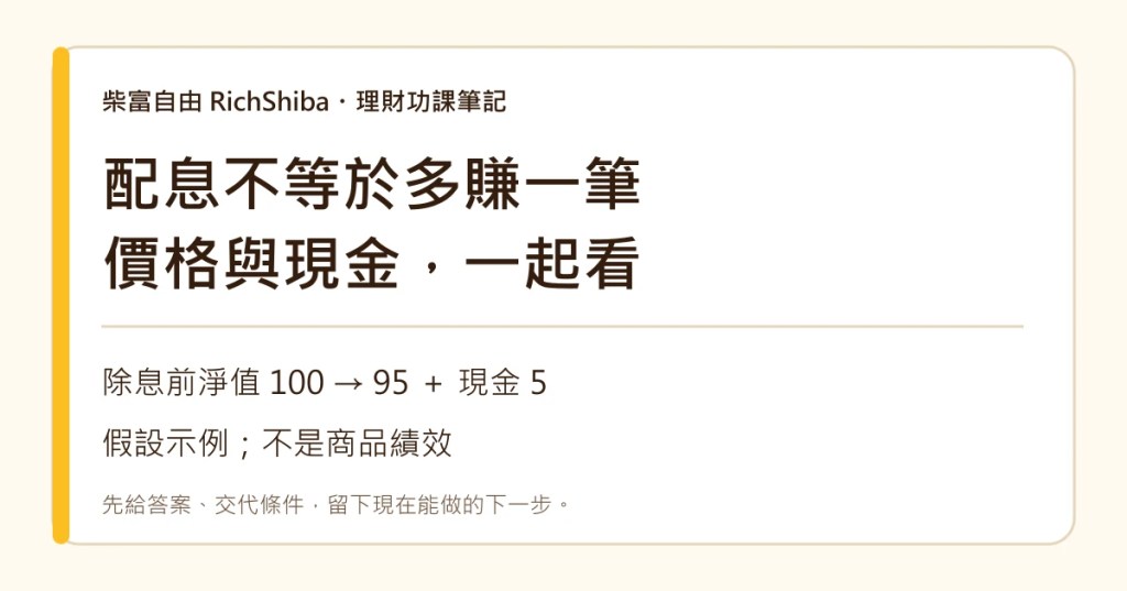 ETF 配息不等於賺錢？用淨值與總報酬看懂現金分配。柴富自由的觀念與方法筆記；圖中數字為假設示例。